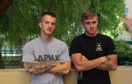 Sexy americans, husky guy Quentin Gainz and pretty boy Ryan Jordan drilling an ass outside