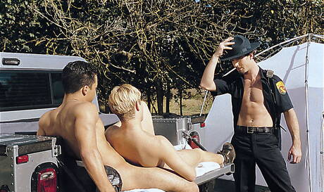 Justin Dragon, Hans Ebson and Christian Taylor in threesome fuck scene outside