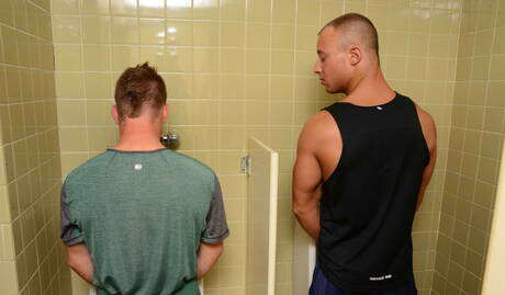 American beefcake Owen Michaels and  Dustin Tyler fuck ass after sucking in bathroom