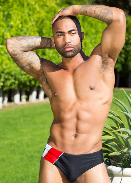 Two american guys tough guy Cade Maddox and husky guy Remy Cruze fuck after interracial dick sucking at the pool