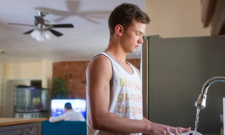 Two american dudes strongman Josh Brady and superstud Logan Cross in ass spanking session in kitchen