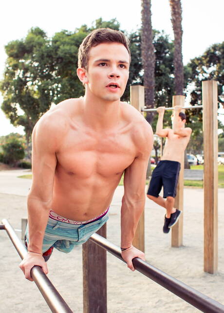 Two american guys twink Evan Parker and superstud Logan Cross have a good anal sex in kitchen