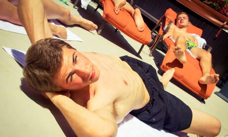 Andy Taylor, Kody Knight, Ian Levine, Liam Riley, Jessie Montgomery, Stefan Nash have fun on party at the pool