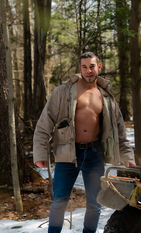 Canadian muscular Jack Kross and american hunky guy Rocky Vallarta drilling an ass outdoor