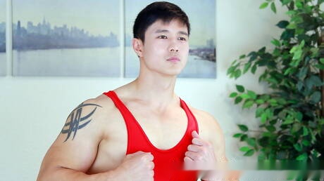 Asian muscular Peter Le jack off his cock