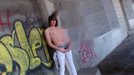 American strongman Jake Ryans posing nude and showing his butt outdoor