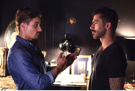 Adam Ramzi,Calvin Banks,Carter Dane,Jacen Zhu,Levi Karter and Sean Ford posing outdoors and sucking each other